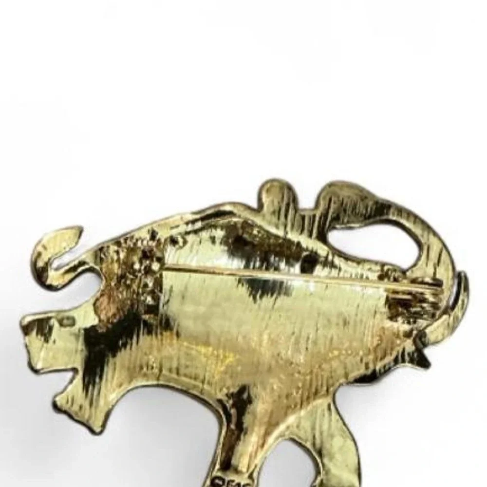 Vintage FAF Elephant Brooch Gold-Tone Marcasite‎ Teal Excellent Good Luck Charm